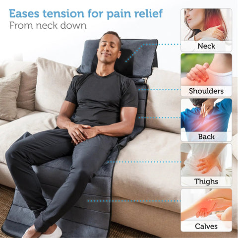Full Body Massage Mat With Movable Neck Pillow Ten Vibrating Motors And Four Heating Pads From Neck To Feet For Deep Back And Leg Massage Perfect Home Spa Gift For Mom This Mother's Day, shown in use by man relaxing on couch