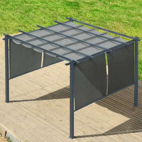 10 By 10 Ft Outdoor Pergola With Retractable Shade Canopy Matte Aluminum Frame Four Roller Shade Curtains Grape Trellis Grey