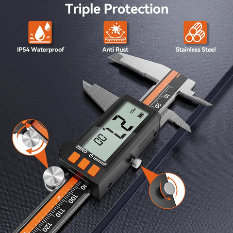 Rechargeable Digital Caliper 6 Inch 150 mm Stainless Steel With IP54 Protection showing LCD screen and precision tips