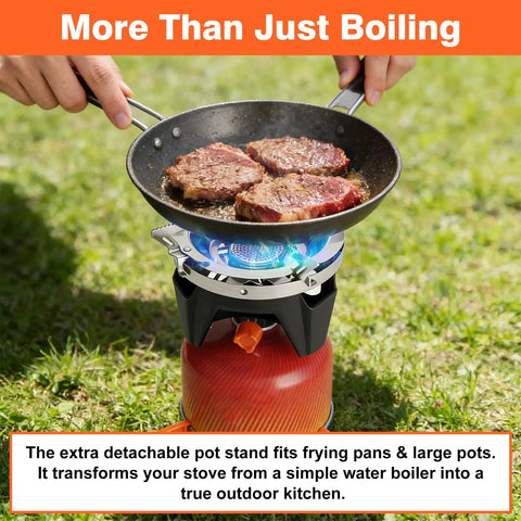Cooking steak on Go To Ultralight Backpacking Stove System With 1L Pot 6 In 1 Jet Burner Set 110 Second Boil 2.2kW Heat Exchanger