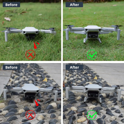 Foldable Landing Gear Extensions For DJI Mini 4K Mini 2 Mini SE And Mavic Mini Drones Raise Ground Clearance With A Simple Foldable Design, No Disassembly Needed, Compatible Accessory For Stable Outdoor Flights shown on grass and pebbles.
