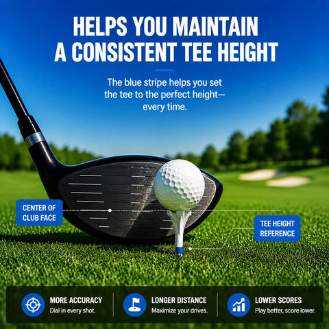 Golf club and ball on 170 Pack Five Prong Plastic Golf Tees Set In Three Sizes Three And A Quarter Inch Two And Three Quarters Inch One And A Half Inch White Pro Grade Distance And Stability With Friction Reducing Impact Ribs