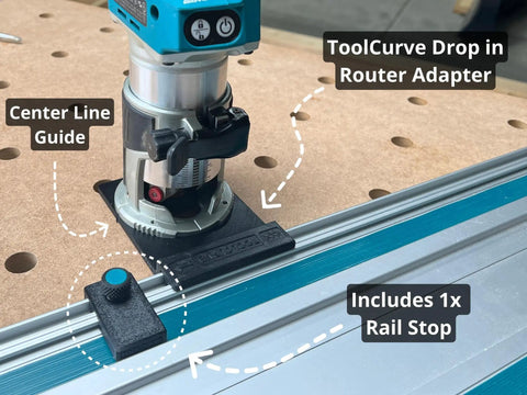 Killer Precision Router Guide Rail Adapter For Makita Tools with center line guide and rail stop in workshop setting.
