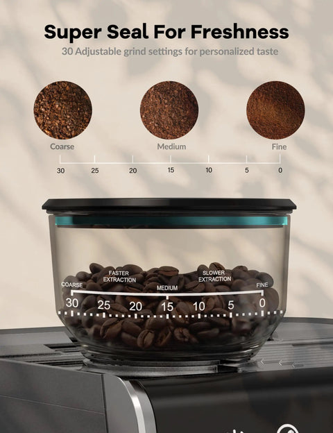 Daily Grind Fix 20 Bar Semi Automatic Espresso Machine With Built In Grinder And Milk Frother Steamer showcasing coffee beans in a glass container with grind settings.