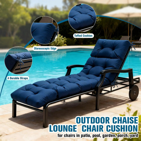 Waterproof Outdoor Chaise Lounge Chair Cushion With Non Slip Ties For Patio Furniture Comfy Thick Long Navy Blue Replacement Pad For Lawn Pool Wicker Couch Loveseat UV Resistant And Durable on a poolside chair.