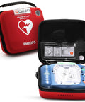 Philips HeartStart OnSite AED defibrillator (blue) housed in a red slim carry case.