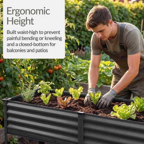 Man planting lettuce in Elevated Galvanized Raised Garden Bed 72x24x30 Inches No Toxic Materials For Safe Veggie Garden And Herbs