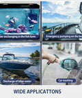 Collage showcasing 12V 1100GPH Automatic Bilge Pump for Boats with Float Switch; uses include fish farm, boat, bilge water, and car wash.