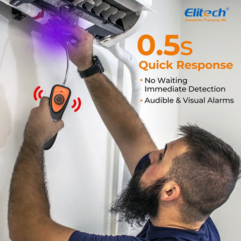 Elitech CLD-100 refrigerant leak detector handheld orange/black unit used on an HVAC system