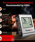 Large LCD Digital Meat Thermometer for Smoker with USDA preset temperatures showing beef well done setting.