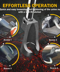 Effortless operation of 19mm socket wrench showing scenes of loosening union nuts for fuel lines on heavy equipment.