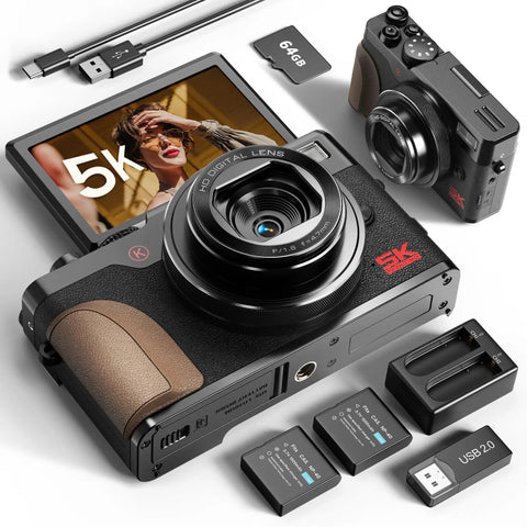5K Digital Camera for Photography With 64MP Photos and 5K Video Autofocus 18X Zoom compact kit with accessories, 64GB card, and batteries