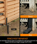 Heavy Duty Fence Post Repair Kit With Thickened Steel Post Anchor Ground Spike Quick Fix For Broken Or Leaning Wood Fence Posts Wooden Fence Post Stabilizer Stakes 4 Pack Black shown in use with before and after example