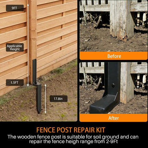 Heavy Duty Fence Post Repair Kit With Thickened Steel Post Anchor Ground Spike Quick Fix For Broken Or Leaning Wood Fence Posts Wooden Fence Post Stabilizer Stakes 4 Pack Black shown in use with before and after example