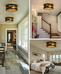 Farmhouse Round Flush Mount Ceiling Light With Wood And Black Metal Frame 2 Light Rustic Ceiling Fixture in various rooms