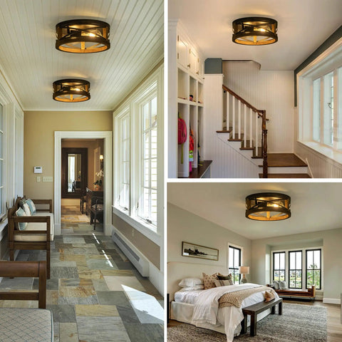 Farmhouse Round Flush Mount Ceiling Light With Wood And Black Metal Frame 2 Light Rustic Ceiling Fixture in various rooms