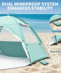 Ultra Spacious Beach Tent For 3 To 4 People With Easy Setup, UPF 50 Plus UV Protection on sandy beach with stakes and sandbags