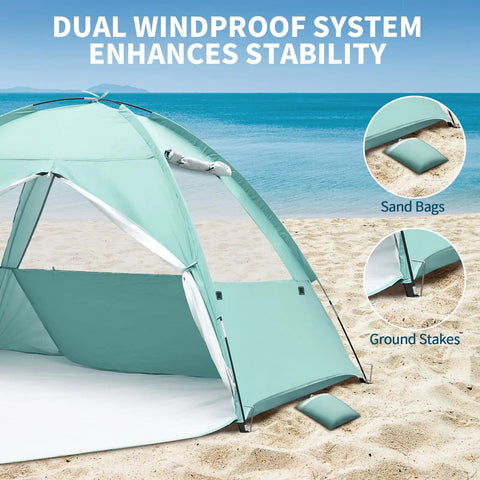 Ultra Spacious Beach Tent For 3 To 4 People With Easy Setup, UPF 50 Plus UV Protection on sandy beach with stakes and sandbags