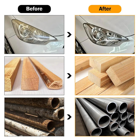 Image comparing before and after effects of using 2 Inch Quick Change Sanding Discs Kit With One Quarter Inch Holder For Deburring Grinding Polishing Rust Removal And Surface Prep All In One Pro Grade 116 Piece Set Featuring Aluminum Oxide Zirconia Nonwoven And Flap Discs on car headlights, wood, and metal pipes.