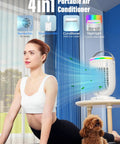 Personal Mini Air Conditioner Fan With 1200ml Water Tank 4 In 1 Evaporative Cooler next to woman and dog in living room