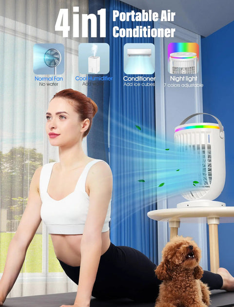 Personal Mini Air Conditioner Fan With 1200ml Water Tank 4 In 1 Evaporative Cooler next to woman and dog in living room