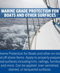 Pro Level Marine Spar Varnish Slaps On A Beefed Up Exterior Wood Shield on boat railings with ocean background.