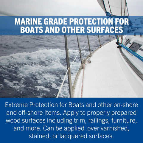 Pro Level Marine Spar Varnish Slaps On A Beefed Up Exterior Wood Shield on boat railings with ocean background.