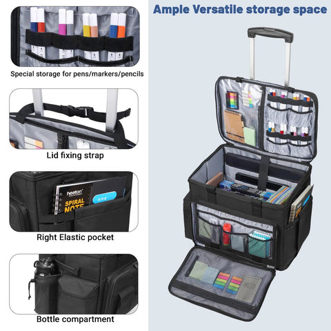 Rolling Teacher Bag With Built In Hard Board And Detachable Trolley, open to show organized compartments and pockets for classroom items.