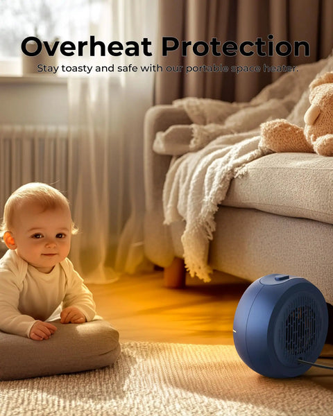 Portable Electric Space Heater With 2S Fast Heating And PTC Ceramic in living room, near baby and couch, showcasing safety features.