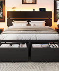 Black Queen Bed Frame Featuring Integrated Led Lights And Convenient Charging Station With Two Smooth Gliding Storage Drawers view with bedding and neatly organized storage.