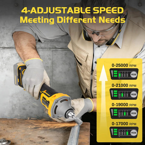 User operating Compatible With 20 Volt Power Batteries This Smooth Operator Cordless Die Grinder with adjustable speed settings.