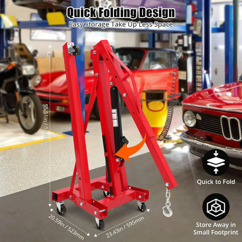 Heavy Duty Hydraulic Engine Hoist With Telescopic Boom And 6 Roll Smooth Casters, 4400 Lb Folding Cherry Picker in red, showcasing folding design and smooth casters.