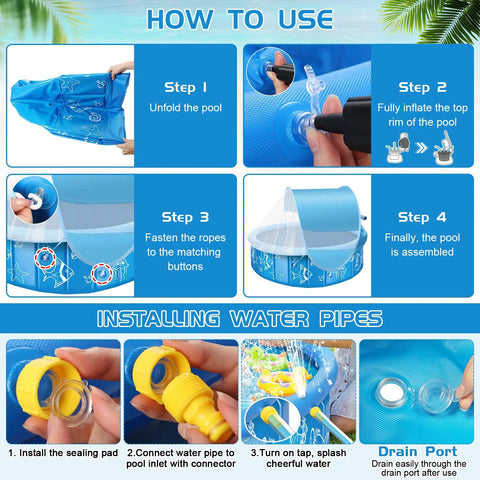 Step-by-step setup instructions for Foldable 47 Inch Kiddie Pool With Sprinkler Canopy, showing unfolding, inflation, and assembly.