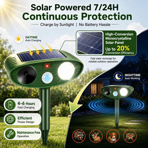 4 Pack Solar Ultrasonic Animal Deterrents With PIR Motion Sensor, waterproof green plastic stake in yard