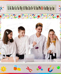 Students in a lab setting with Colorful Science Bulletin Board Borders Set 72 Feet Scalloped Chemistry Lab Trim in the background.