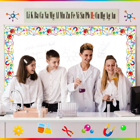 Students in a lab setting with Colorful Science Bulletin Board Borders Set 72 Feet Scalloped Chemistry Lab Trim in the background.