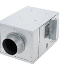 WhisperLine Remote Mount Inline Vent Fan 120 CFM for quiet whole home air quality improvement, shown with metal casing and installation brackets