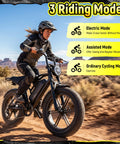 Rider on All Terrain Beast Electric Fat Bike With 1500W Peak Motor Dual Suspension And 20X4 Fat Tires in desert landscape.