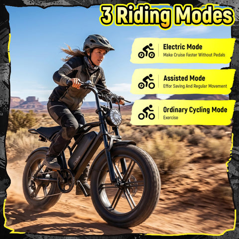 Rider on All Terrain Beast Electric Fat Bike With 1500W Peak Motor Dual Suspension And 20X4 Fat Tires in desert landscape.