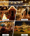 Lit Outdoor Edison Style String Lights 200Ft With 102 Shatterproof ST38 LED Bulbs For Patio Balcony Backyard Waterproof Vintage Globe Lighting used in Christmas and wedding settings.