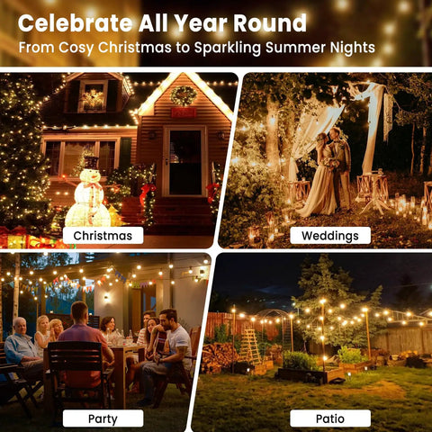 Lit Outdoor Edison Style String Lights 200Ft With 102 Shatterproof ST38 LED Bulbs For Patio Balcony Backyard Waterproof Vintage Globe Lighting used in Christmas and wedding settings.
