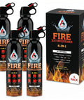 Four 6-in-1 portable fire extinguishers with black canisters and a box ready for home, car, kitchen, garage, and campfires use