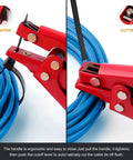 Red zip tie tool for easy tensioning and cutting nylon cable ties up to 0.37 inches showing tighten and cutting functions