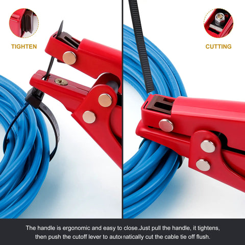 Red zip tie tool for easy tensioning and cutting nylon cable ties up to 0.37 inches showing tighten and cutting functions