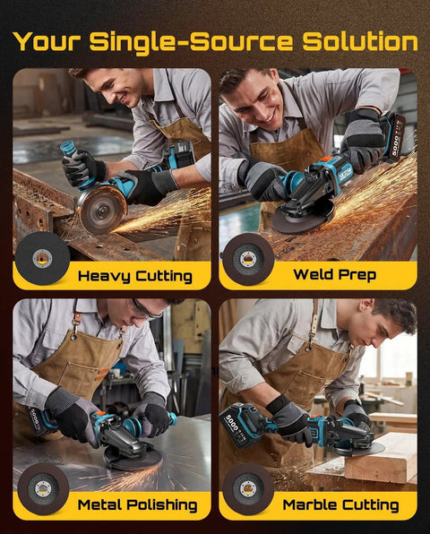 Flathead Brushless Cordless Angle Grinder Kit with Five Amp Hour Battery and Fast Charger in use for cutting and polishing