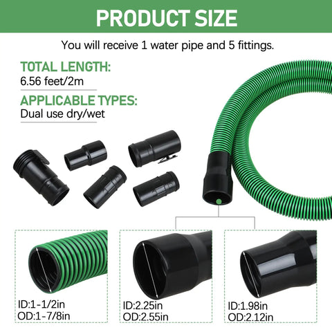 Replacement Vacuum Hose Kit Two And One Half Inch By Seven Feet Dual Flex Locking Shop Vac Hose With Six Fittings For Wet Dry Vacuum Cleaners Fits Most Vacuums Easy Connect No Fuss Heavy Duty Flexible shown with fittings and hose dimensions