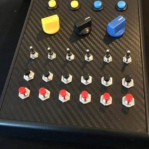 Control panel with various switches and knobs, featuring Mini Momentary Push Button Switch 1A 250VAC SPST NO Black Pre Wired 2 Pin Compact.