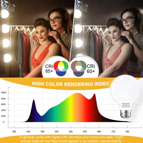 8 Pack LED Globe Light Bulbs 6000K Daylight White G25 Vanity Bulbs With E26 Base, focus on CRI comparison chart and bulb design