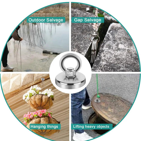 Heavy Duty Neodymium Fishing And Salvage Magnets Set For Lifting And Retrieval 32 Millimeter Diameter in action outdoors