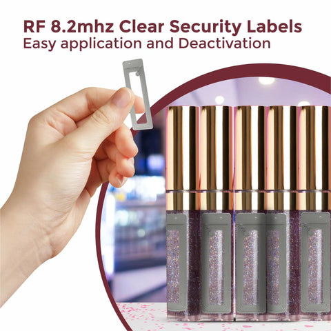 Clear RF 8.2MHz Security Label for EAS Checkpoints, shown on cosmetic containers, easy to apply in retail, 65x20mm size.